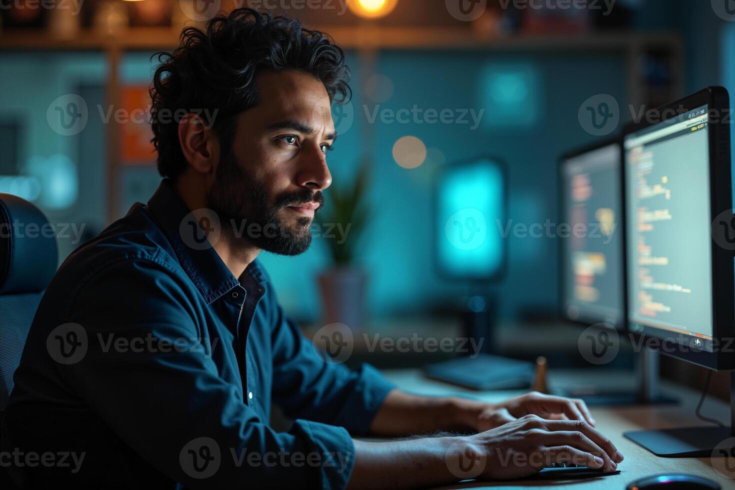 Man with a beard and mustache, wearing a dark shirt, sitting at a desk with multiple computer monitors displaying code, suggesting he is a software developer or programmer working late into the night. photo
