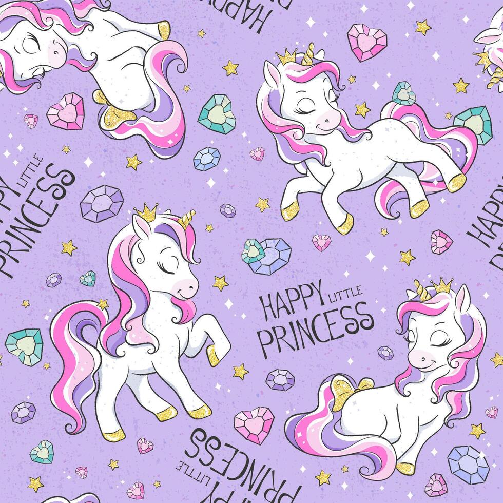 Happy little princesses with unicorns and diamonds on a purple background vector