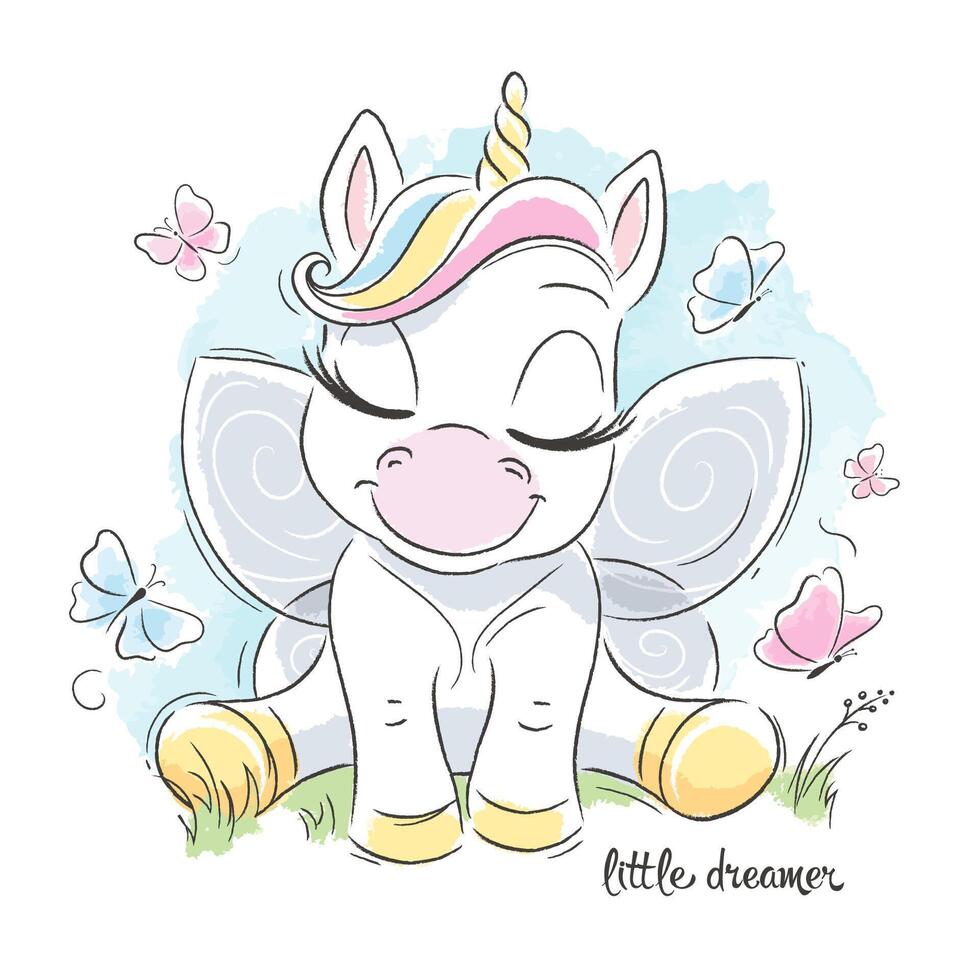 Fashion illustration, drawing in modern style for clothes. Cute unicorn. vector