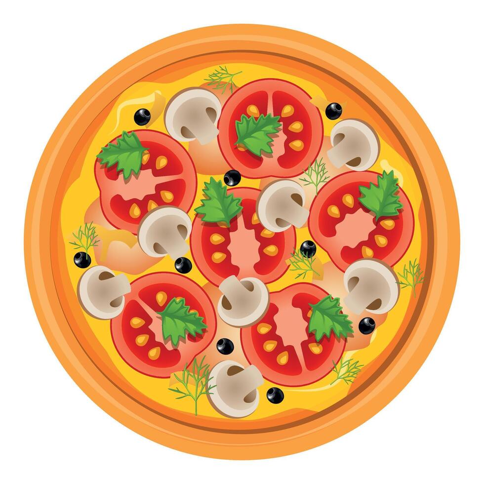 pizza with slices of mushrooms and tomatoes on white background vector