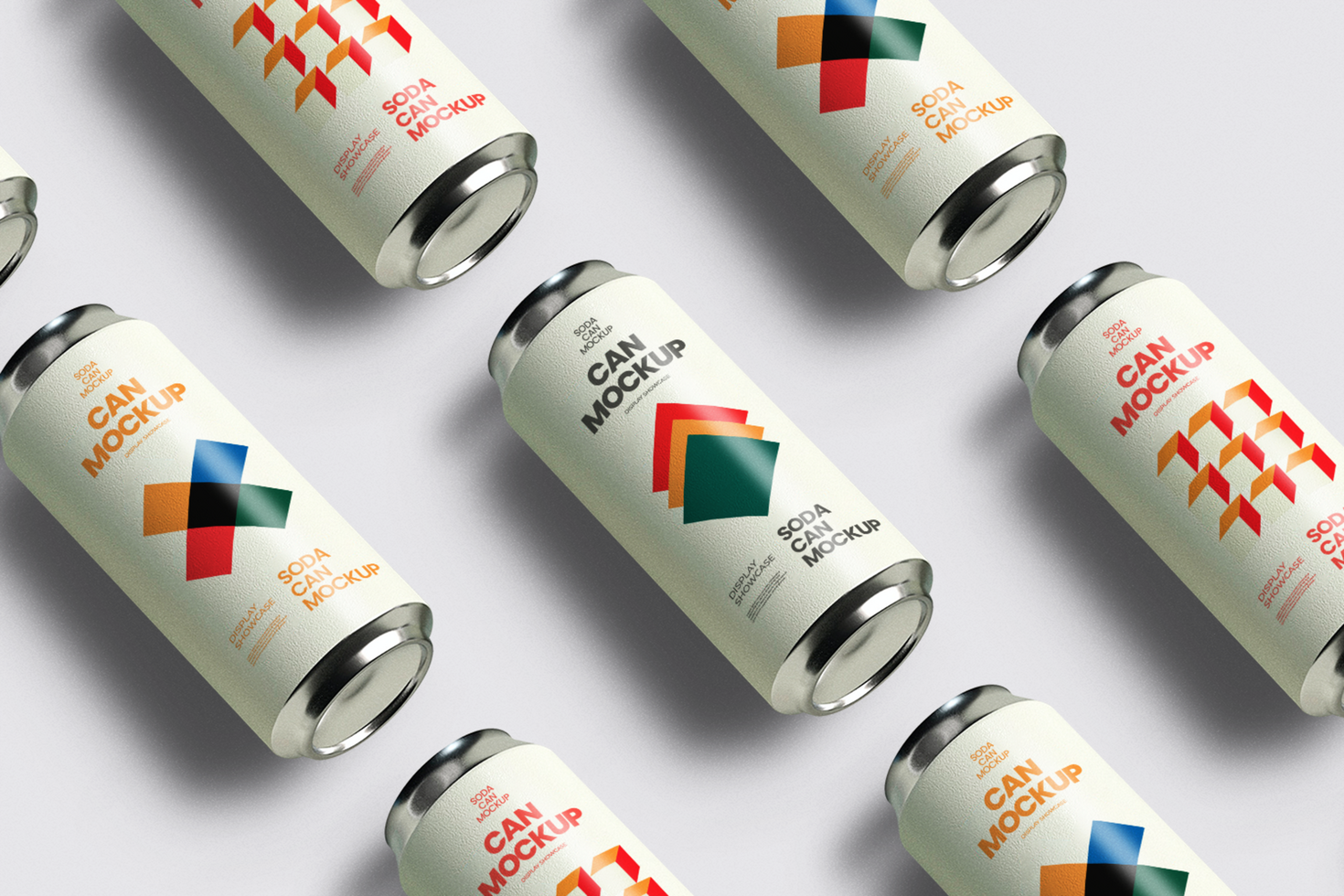 Soda cans lined up in 3 rows mockup psd