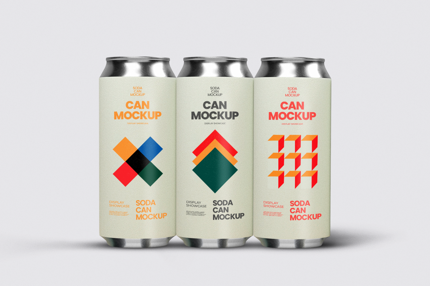 Three soda cans in a row mockup psd