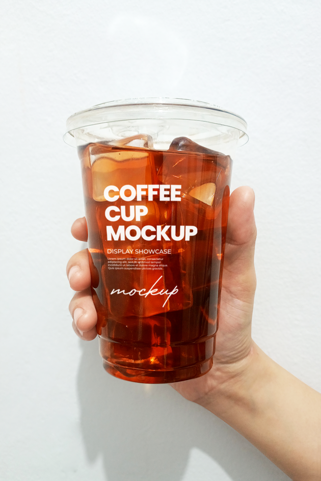Plastic cup with coffee inside mockup psd