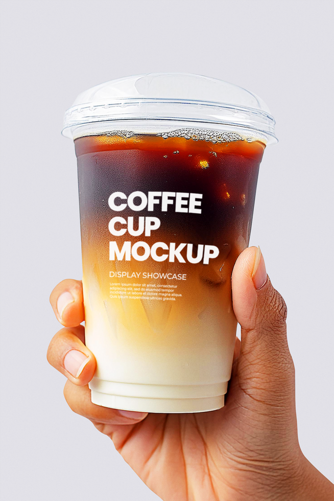 Hand holding plastic cup with coffee inside mockup psd
