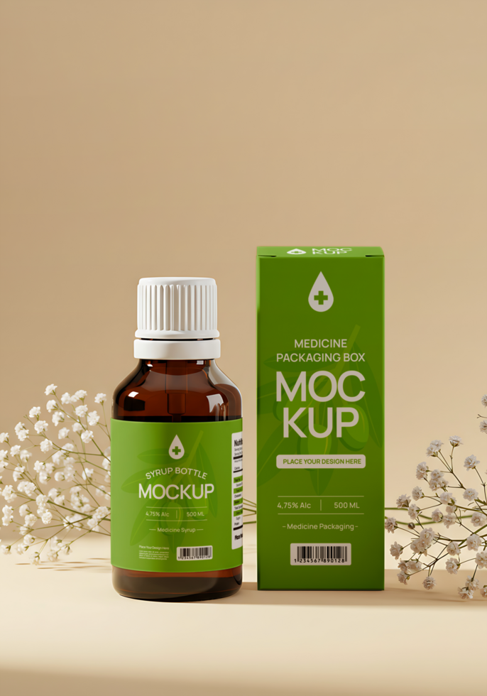 medicine syrup bottle mockup pastel background psd