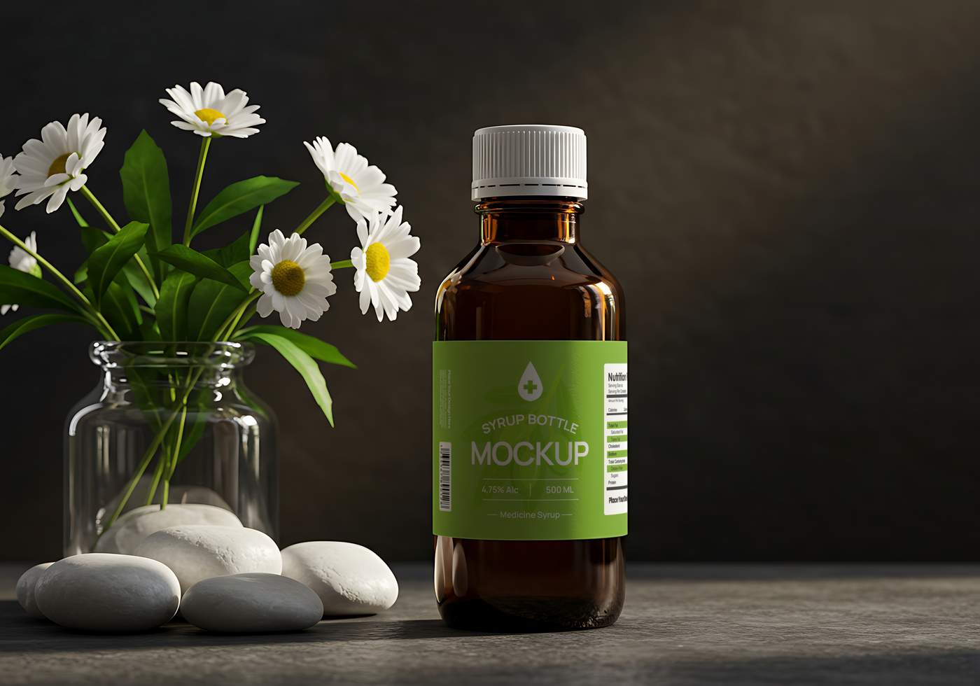 medicine syrup bottle mockup with flower vase psd