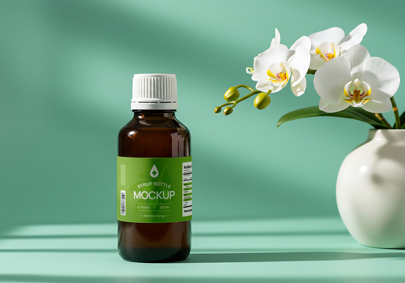 medicine syrup bottle mockup with green background psd