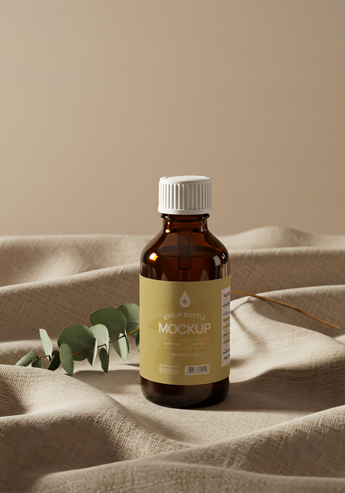 medicine syrup bottle mockup with fabric decoration psd