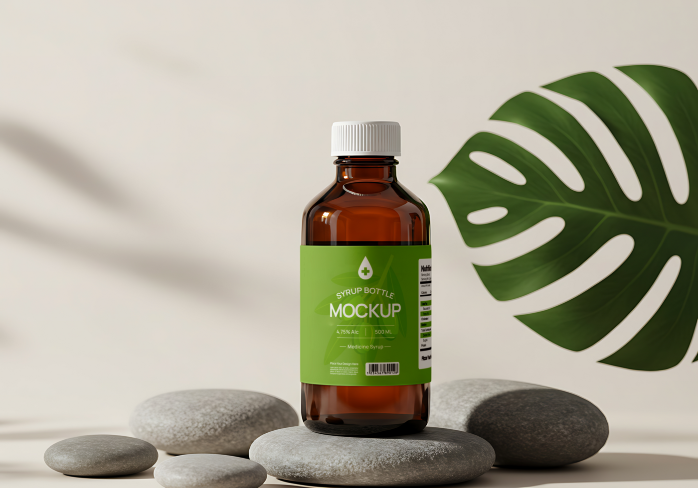 medicine syrup bottle mockup with stone psd