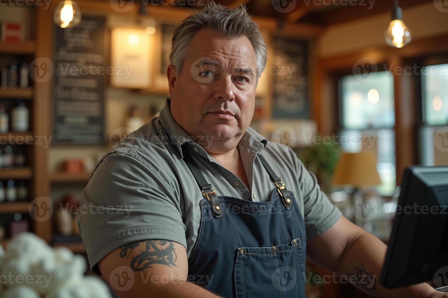 Man wearing a black apron and a tattooed arm, likely a bartender or server, stands behind a bar with a computer screen in front of him. photo