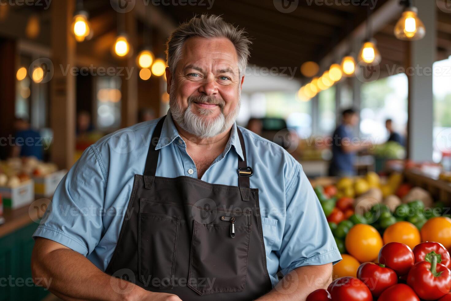 Man wearing a blue shirt and brown apron, presumably a butcher or chef, is smiling at the camera while standing behind a counter with various fruits and vegetables on display. photo