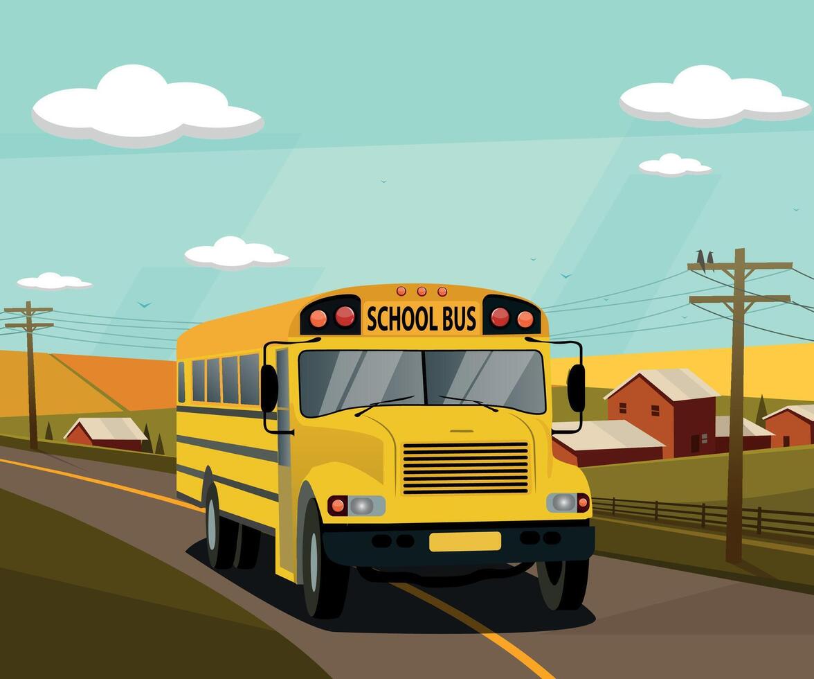 school bus against the backdrop of an autumn landscape vector