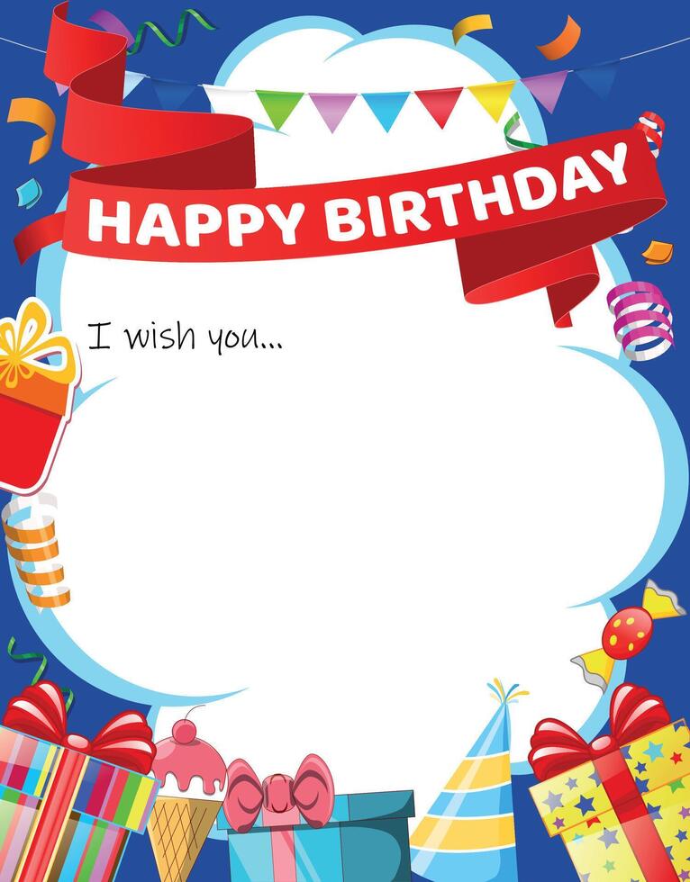 blue cloud birthday greeting card with ribbon and flags vector