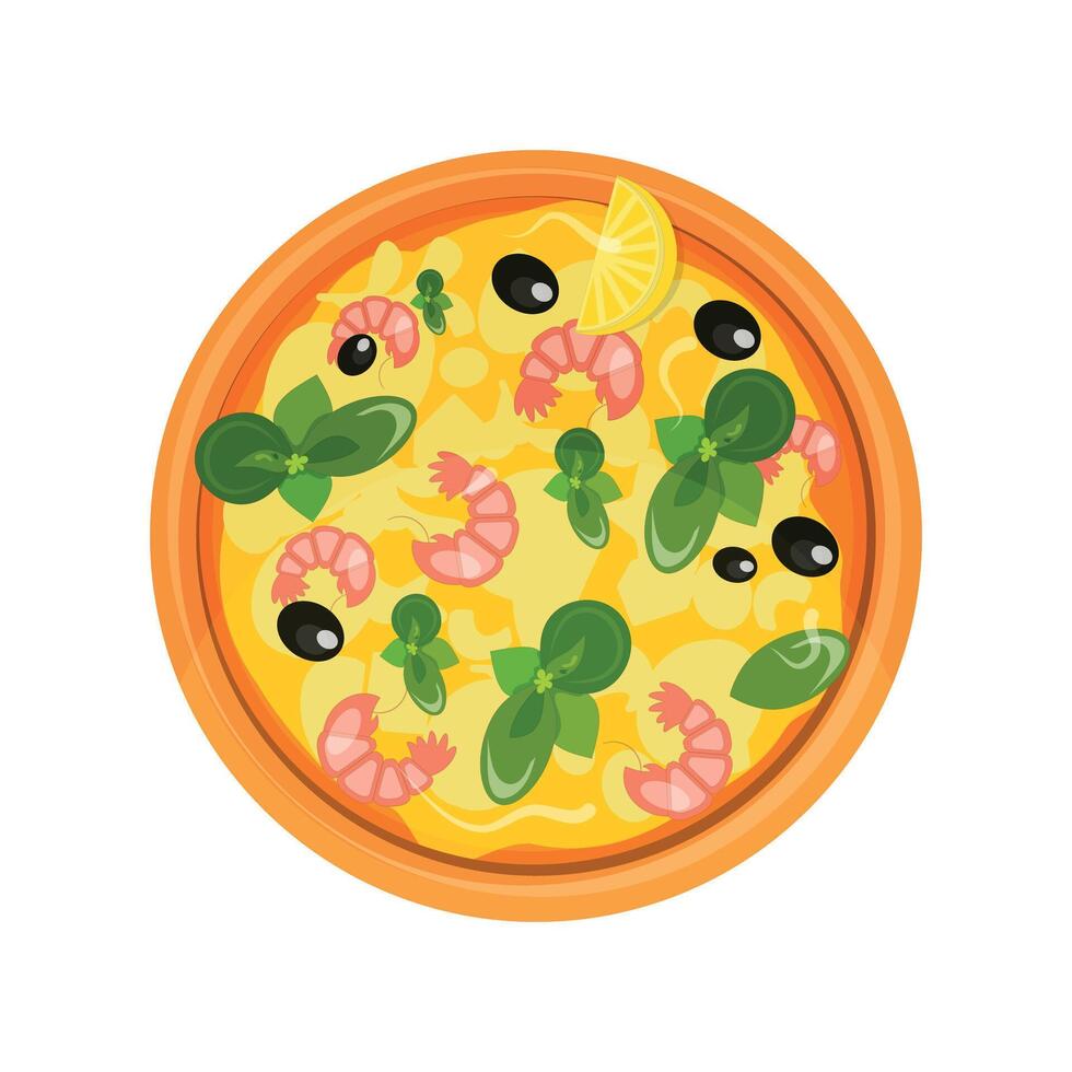 round pizza with cheese and shrimps on white background vector