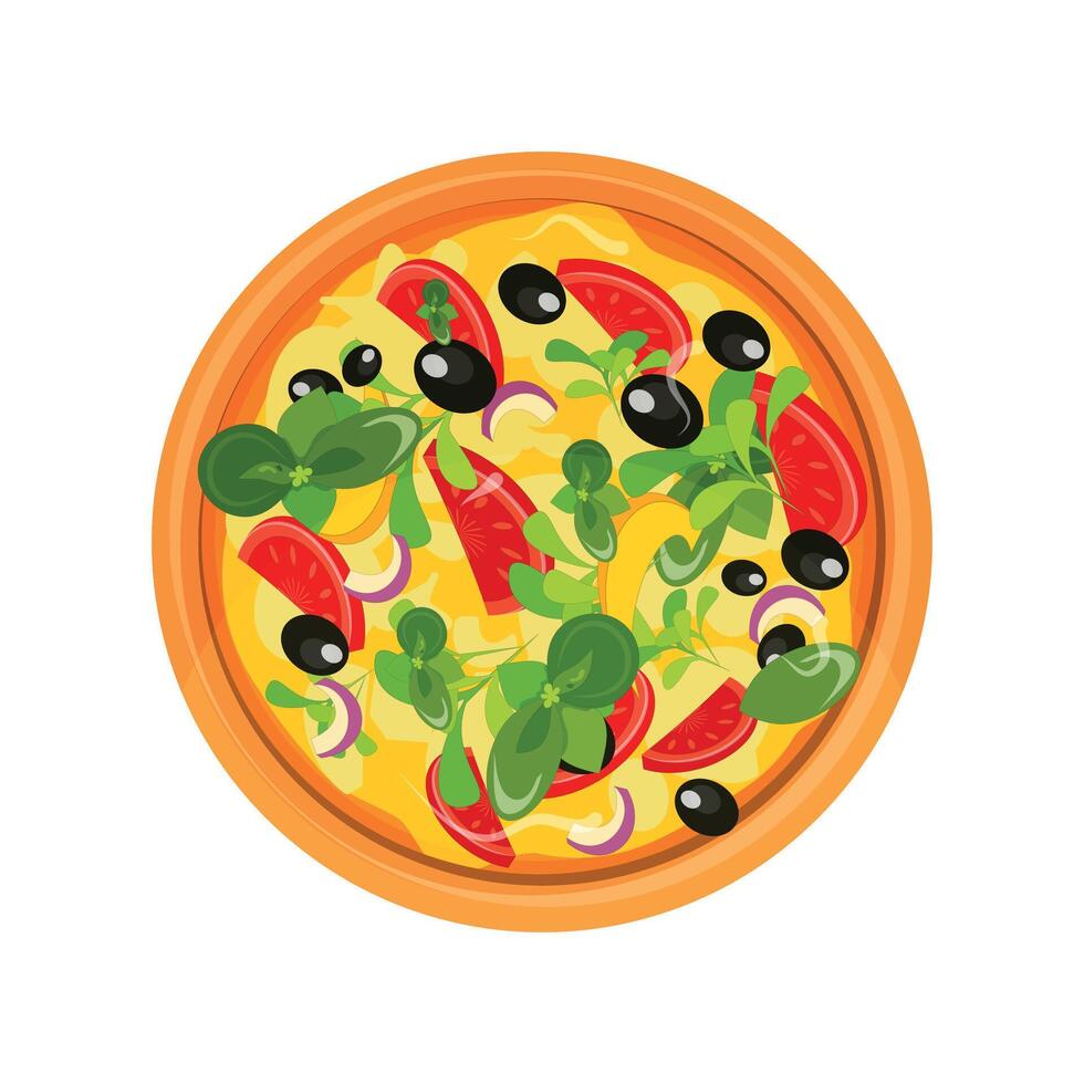 round pizza with pepper and olives on white background vector