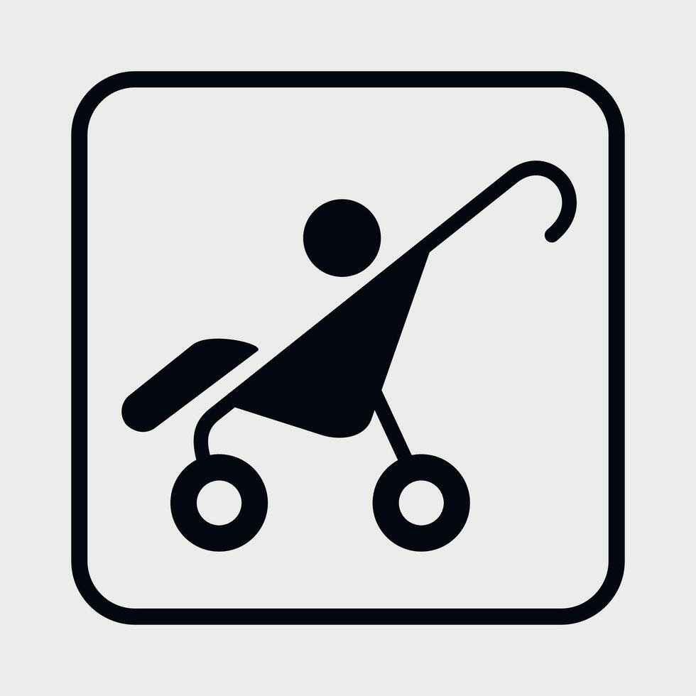 black and white icon of baby stroller on white background vector