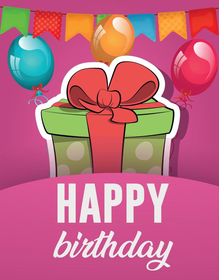 pink birthday greeting card with gift and flags vector