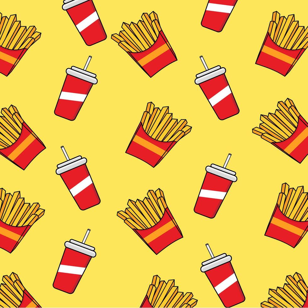 A seamless pattern featuring french fries and drinks on a yellow background, perfect for food themed designs, packaging, wallpapers, and digital illustrations vector