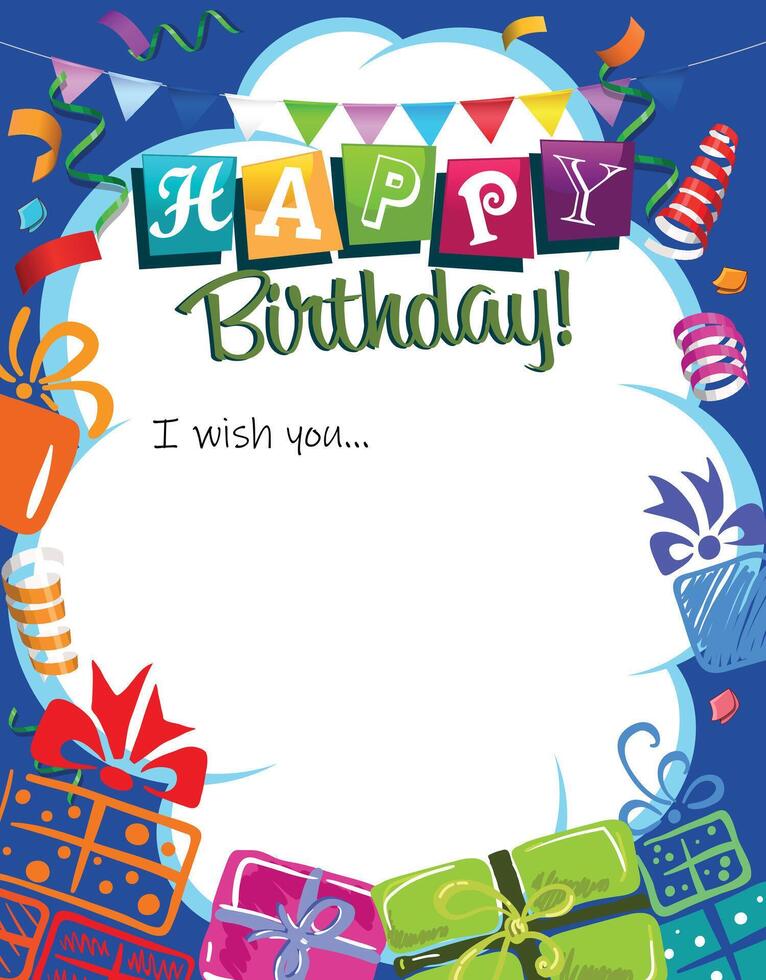 colorful birthday greeting card with flags and gifts vector