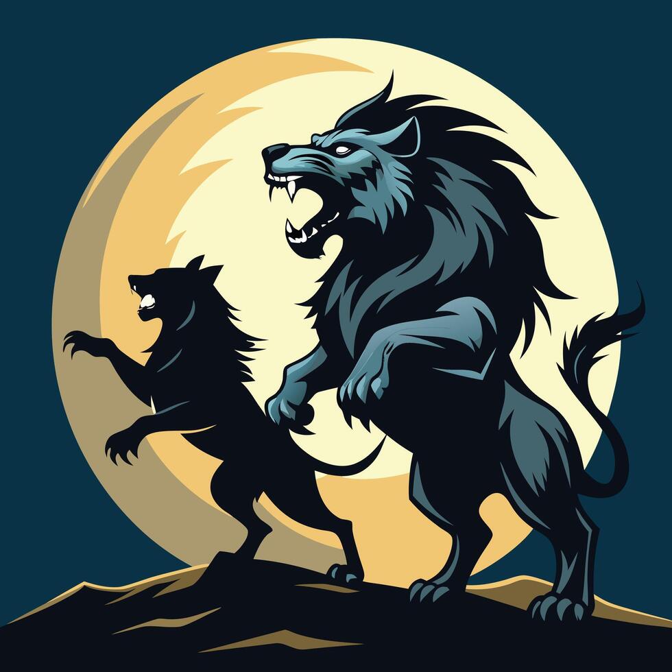 Two lions fighting in front of the moon vector