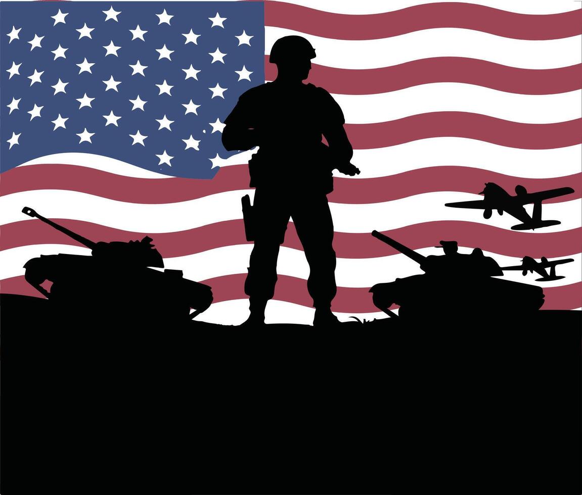 USA soldier silhouette with helicopter American flag silhouette in background for veterans day 11th November vector