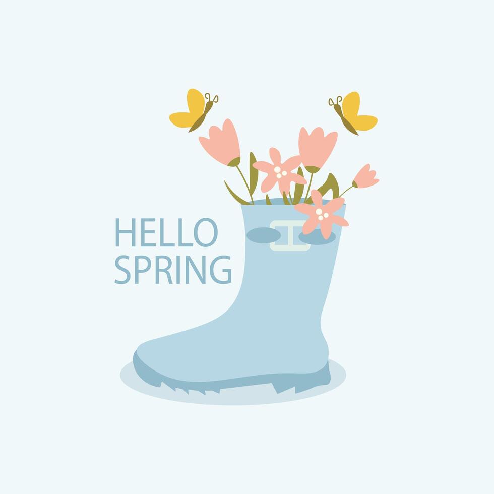 Hello spring blue boots and flower vector
