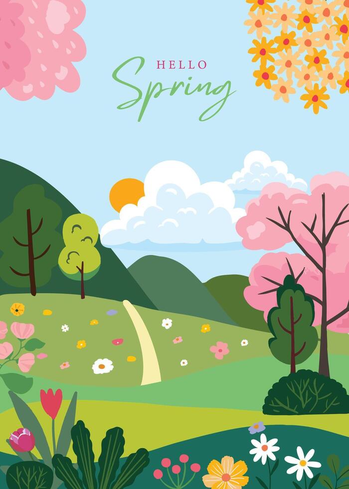 Spring landscape background with mountain vector