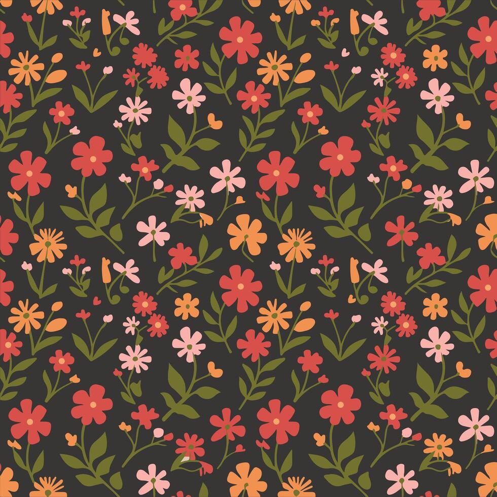 Seamless Floral Pattern with Colorful Wildflowers on Dark Background. vector