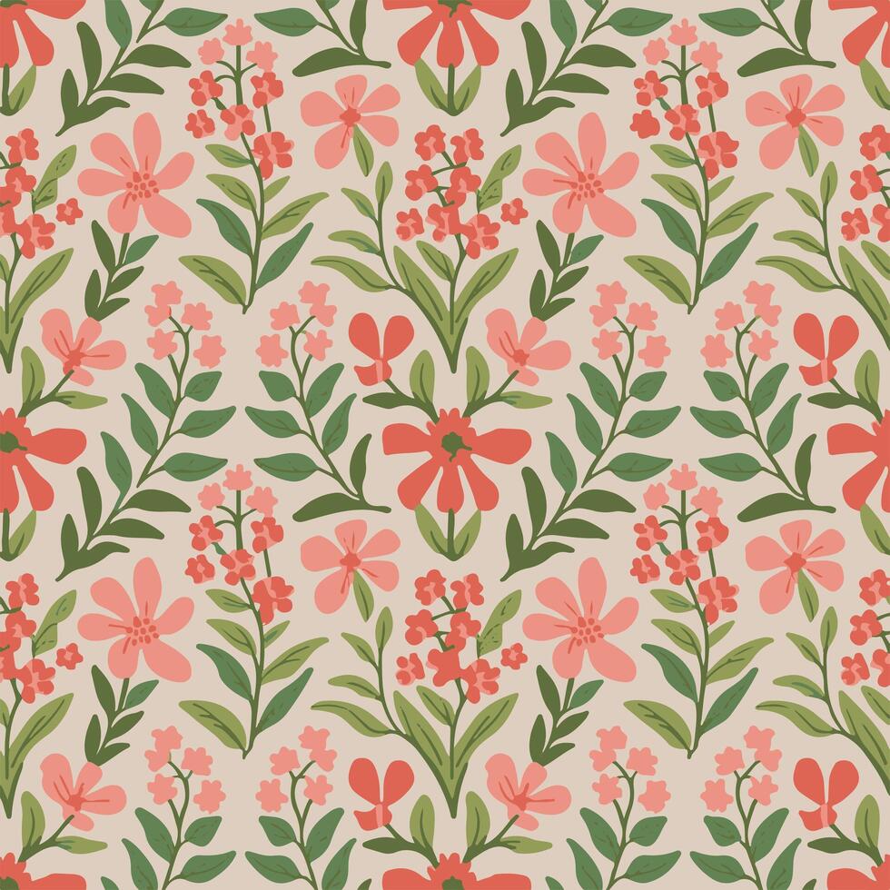 Seamless Floral Pattern with Hand-Drawn Wildflowers on Light Background. vector