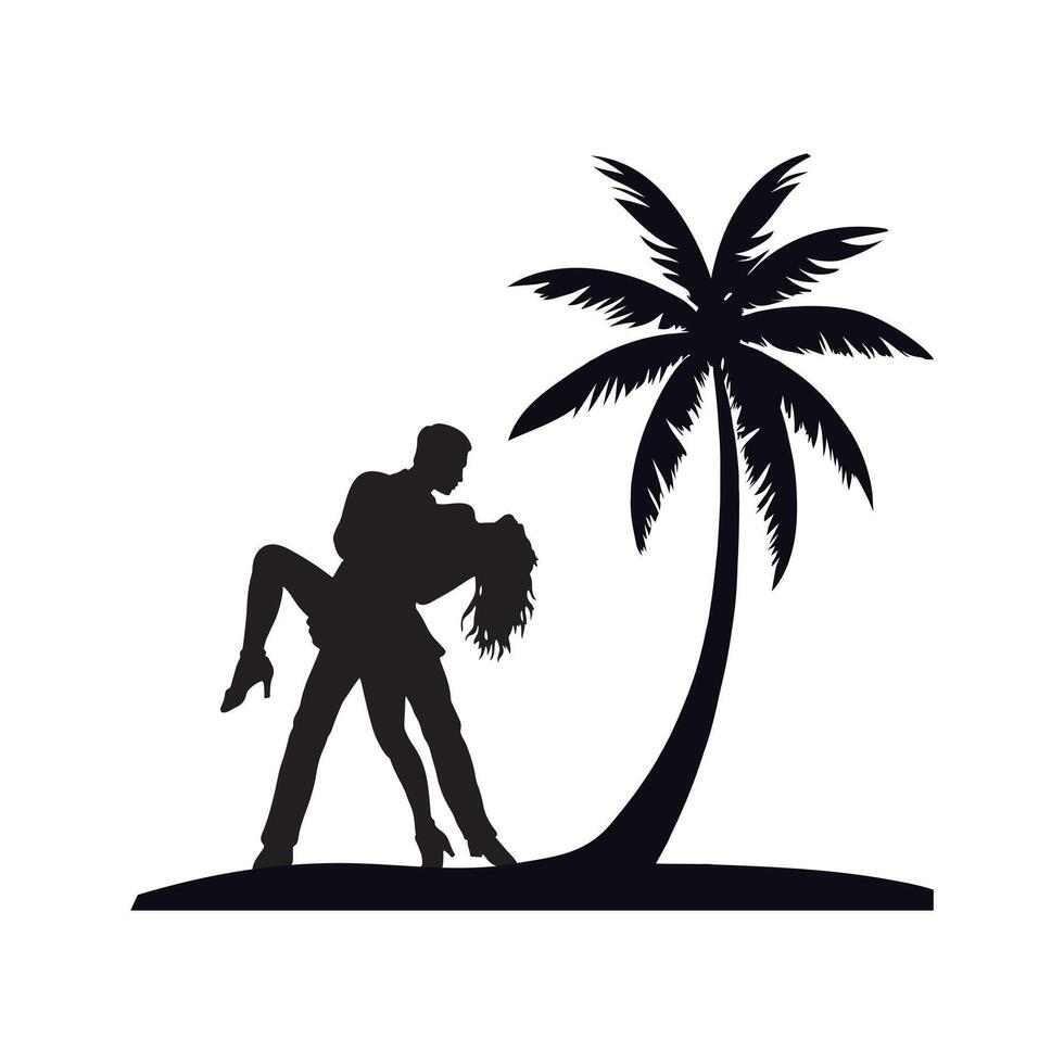 Romantic Couple Silhouette Dancing Under Palm Tree on Beach. vector