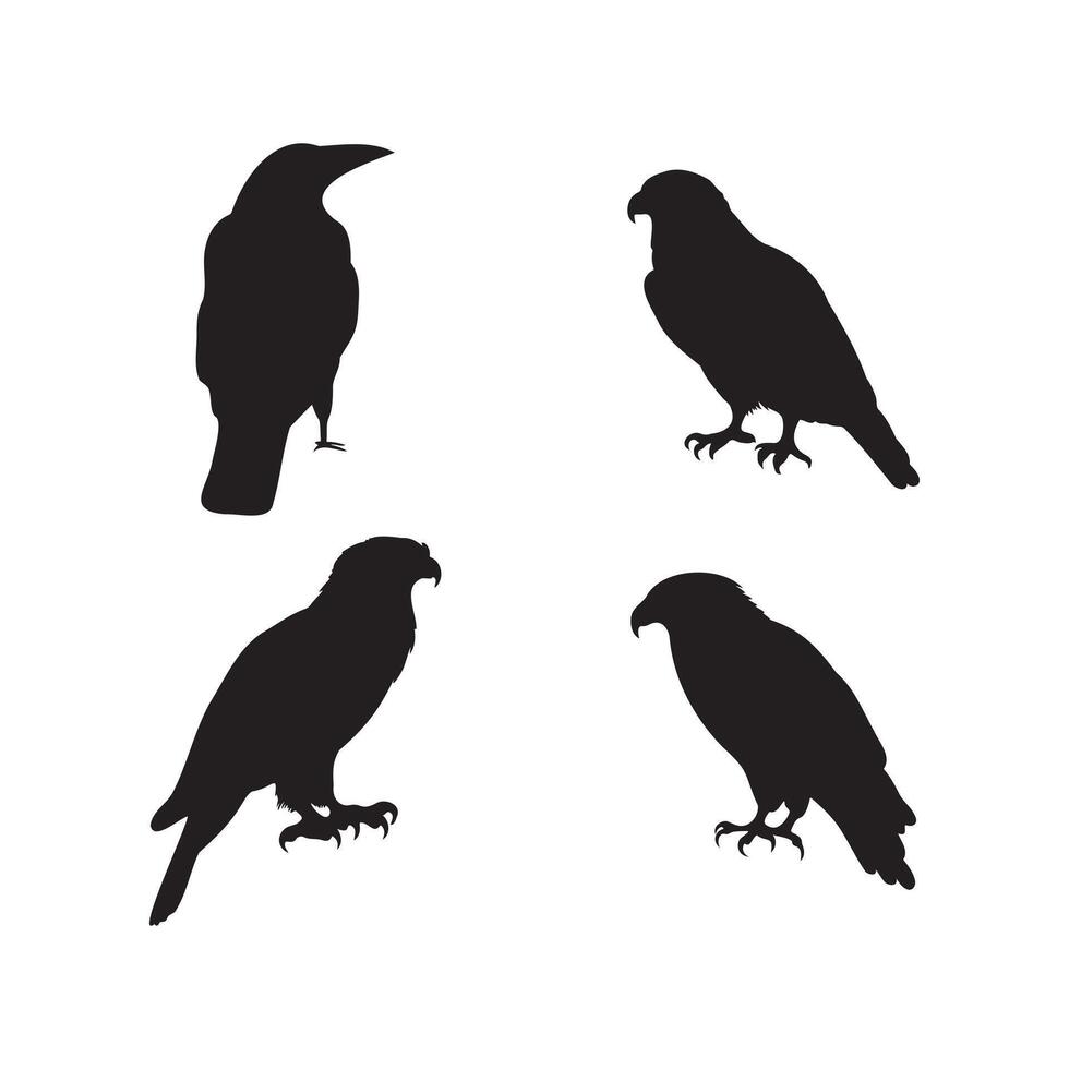 Birds of Prey and Raven Silhouette Set Illustration. vector