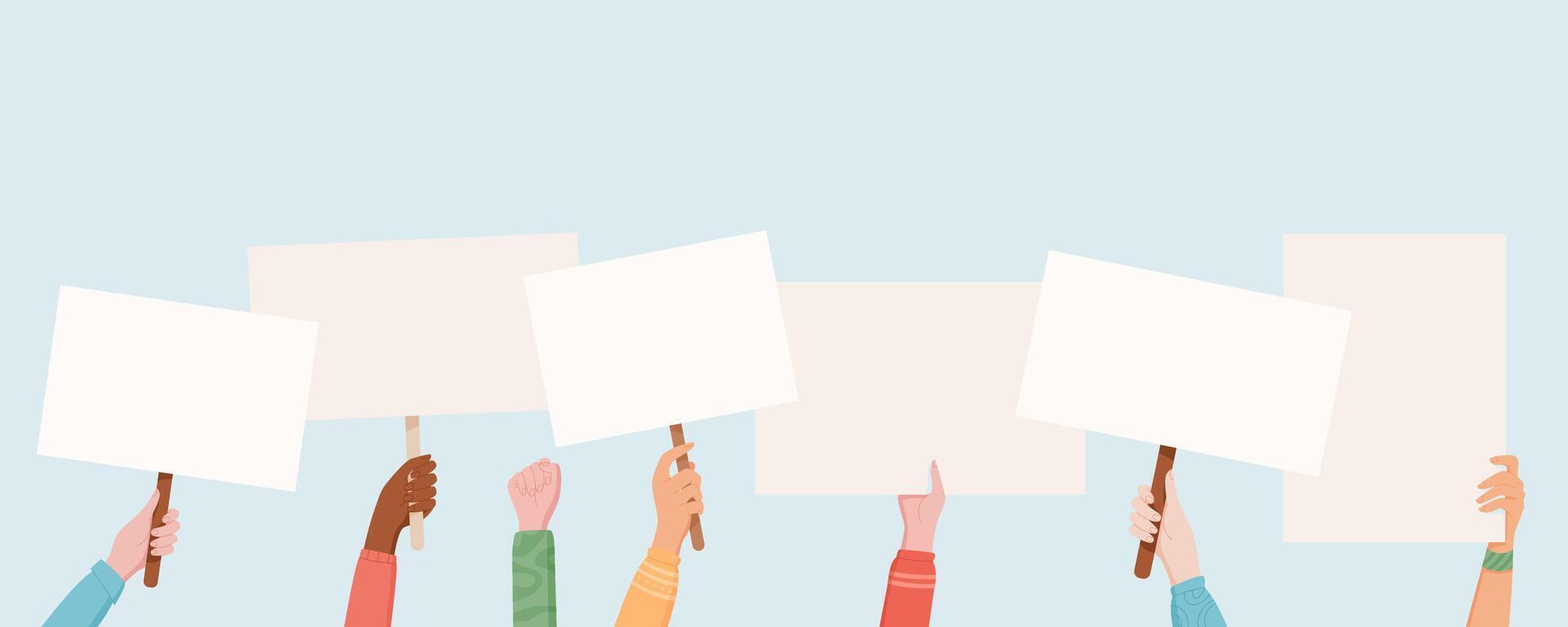Hands hold blank protest placards, raised high in a demonstration. People united in protest and empowerment, showing support by holding hand with template signs that show their strength and solidarity vector