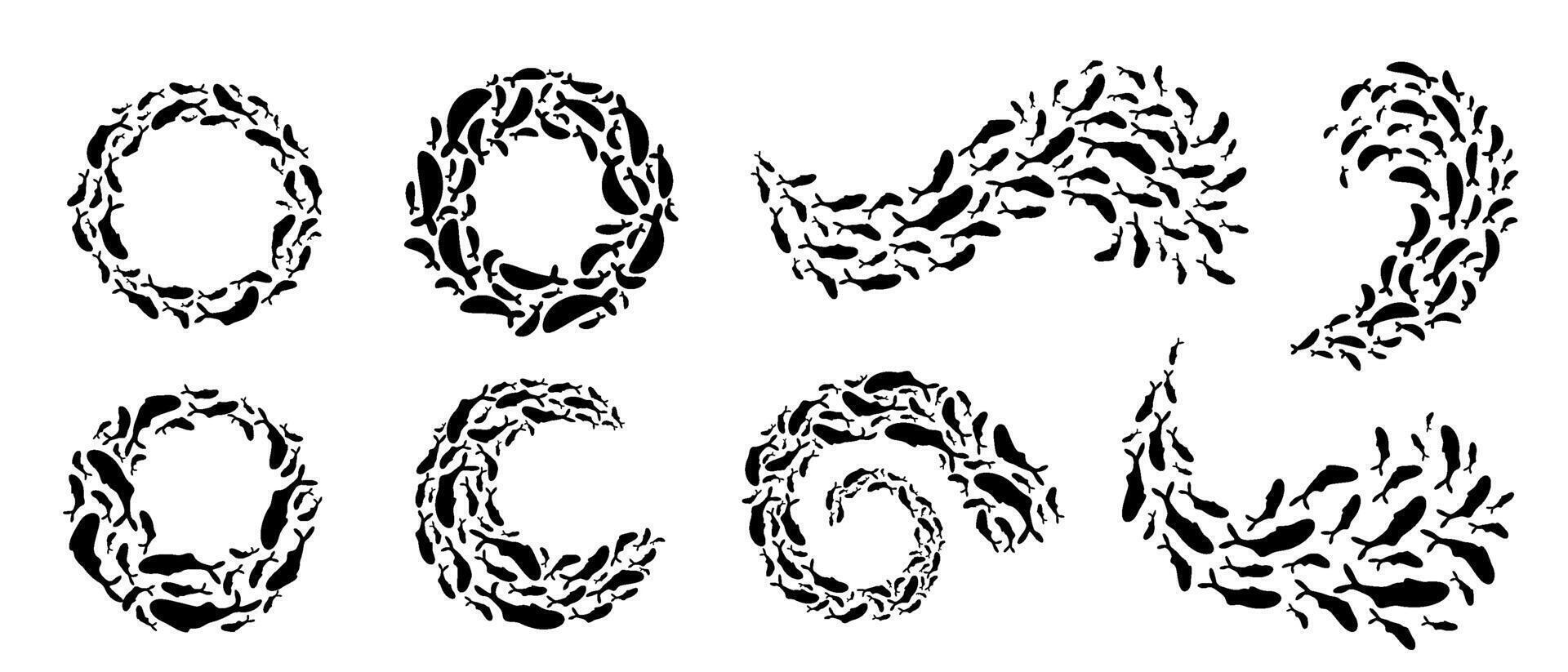 Circular school of fish forming intricate border designs. This stunning underwater visual is perfect for showcasing marine life in the sea, ornament frame design and logo sea graphic. vector