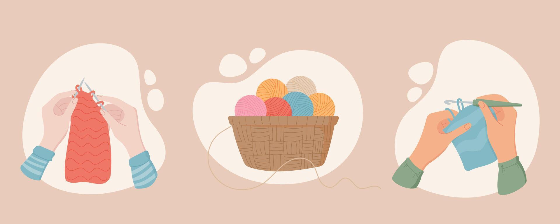 Hands holding knitting needles with thread creating fabric. Basket with colorful yarn balls. Hands crocheting with thread for a sewing project. Illustration of handcrafting cozy textile creations. vector