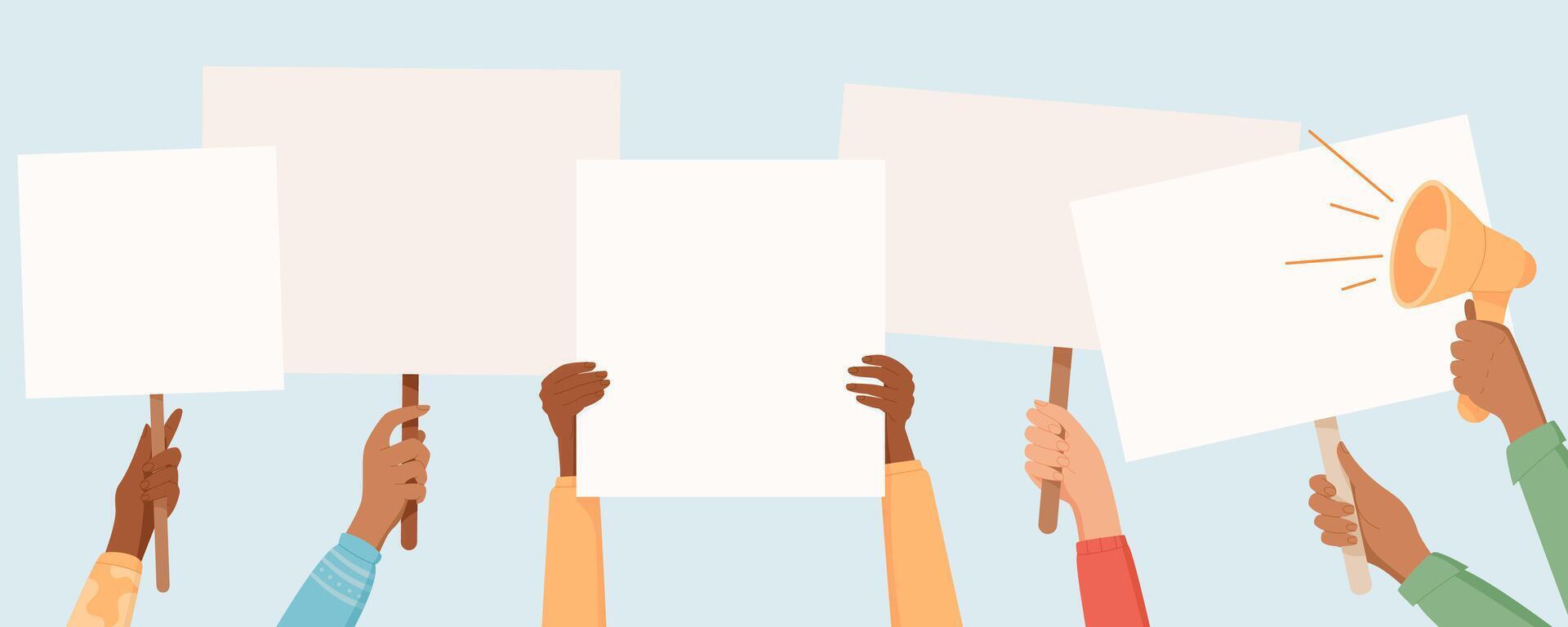 Multiple hands hold blank signs at a protest, showing solidarity. People grip template banners and placards with megaphones, displaying community strength and collective empowerment in their cause. vector