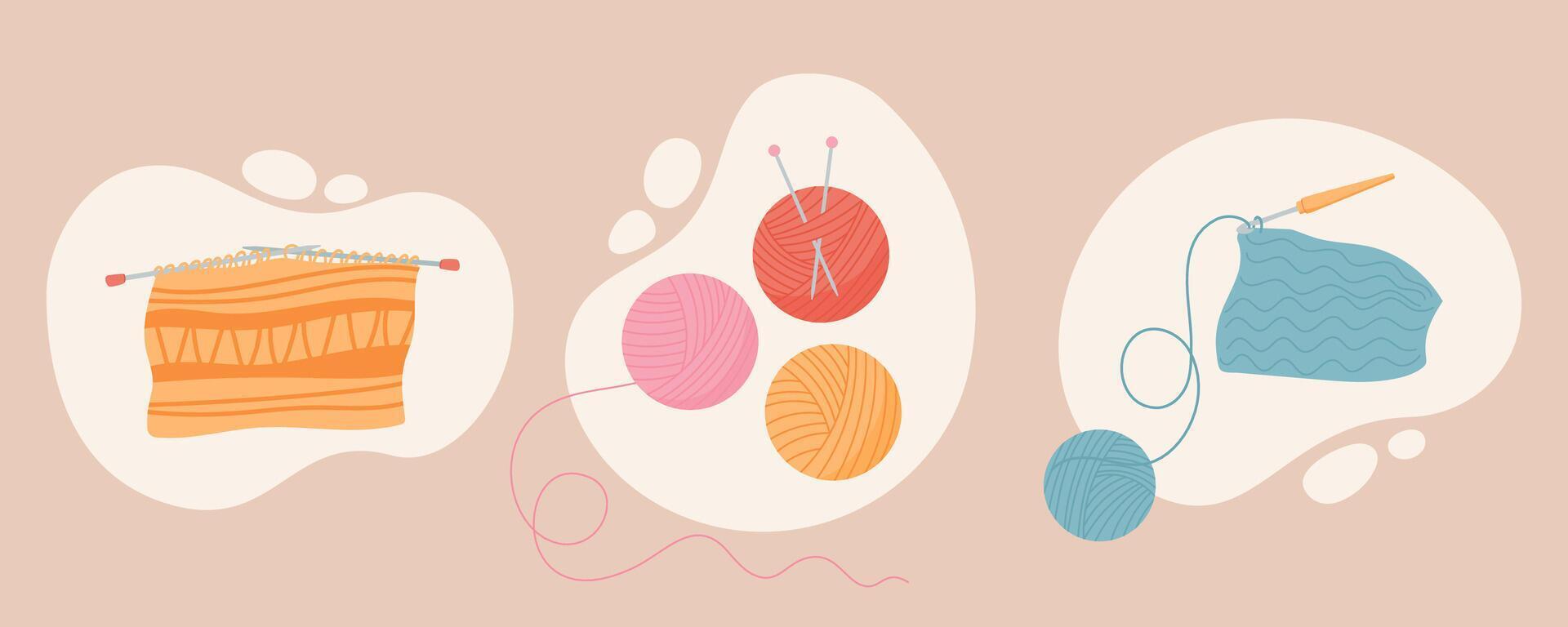Knitting and sewing compositions with yarn balls, knitting needles, a crochet hook, and fabric. The designs showcase various stages of needlework and sewing projects, emphasizing the craft. vector