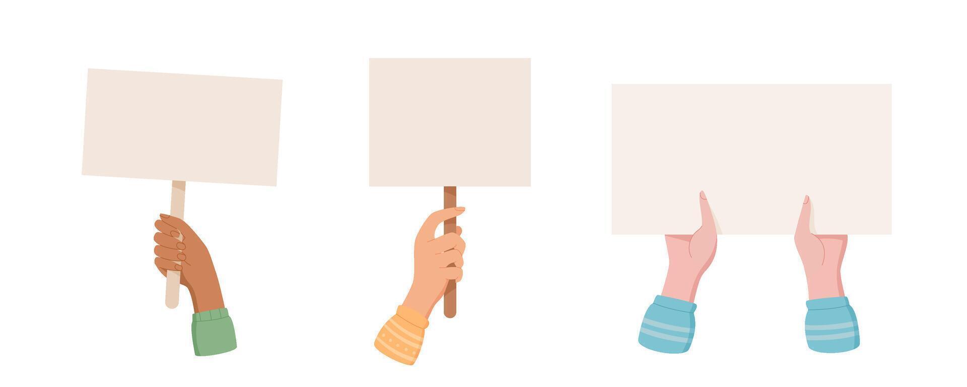 Hand holds demonstration sign template collection, woman hold isolated blank empowerment signboard, character show up support board, human parade strike flag, person raise protest placard, vector