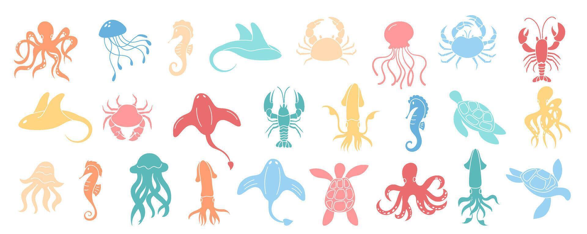 Cartoon aquatic animals set in colorful designs. Featuring marine life with octopus, jellyfish, seahorse, turtle, crab, shrimp, and sea flora. Undersea icons isolated. vector