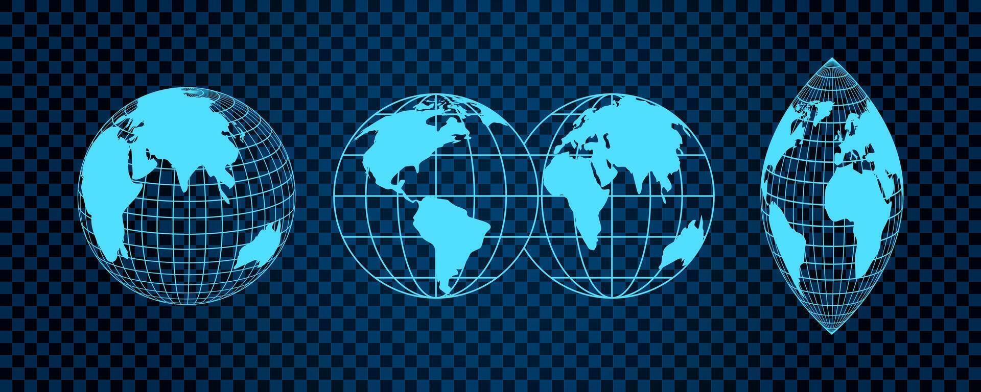 Abstract globe grid set. 3D mesh with earth latitude and longitude lines creating geometric shapes. Wireframe grid elements in digital design, retro Y2K cyberpunk style. Tech elements pattern visual. vector