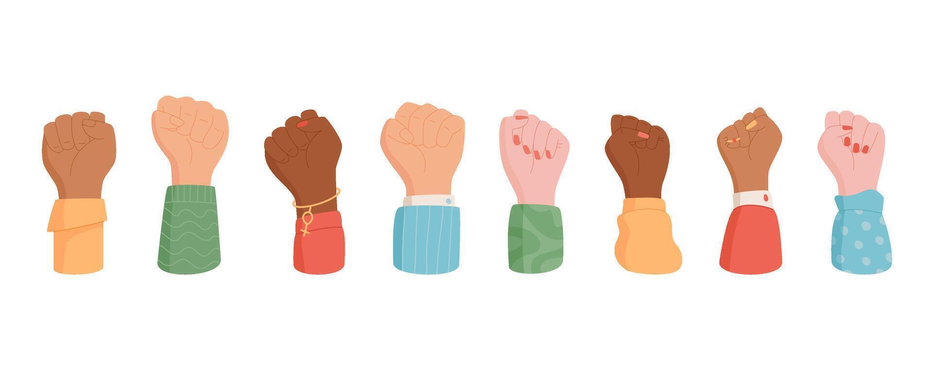 Isolated hands with protest sign fist collection, a rights activist is holding a strength arm, a character holds a support symbol, a person raises a protest gesture, people hold a solidarity sign, vector