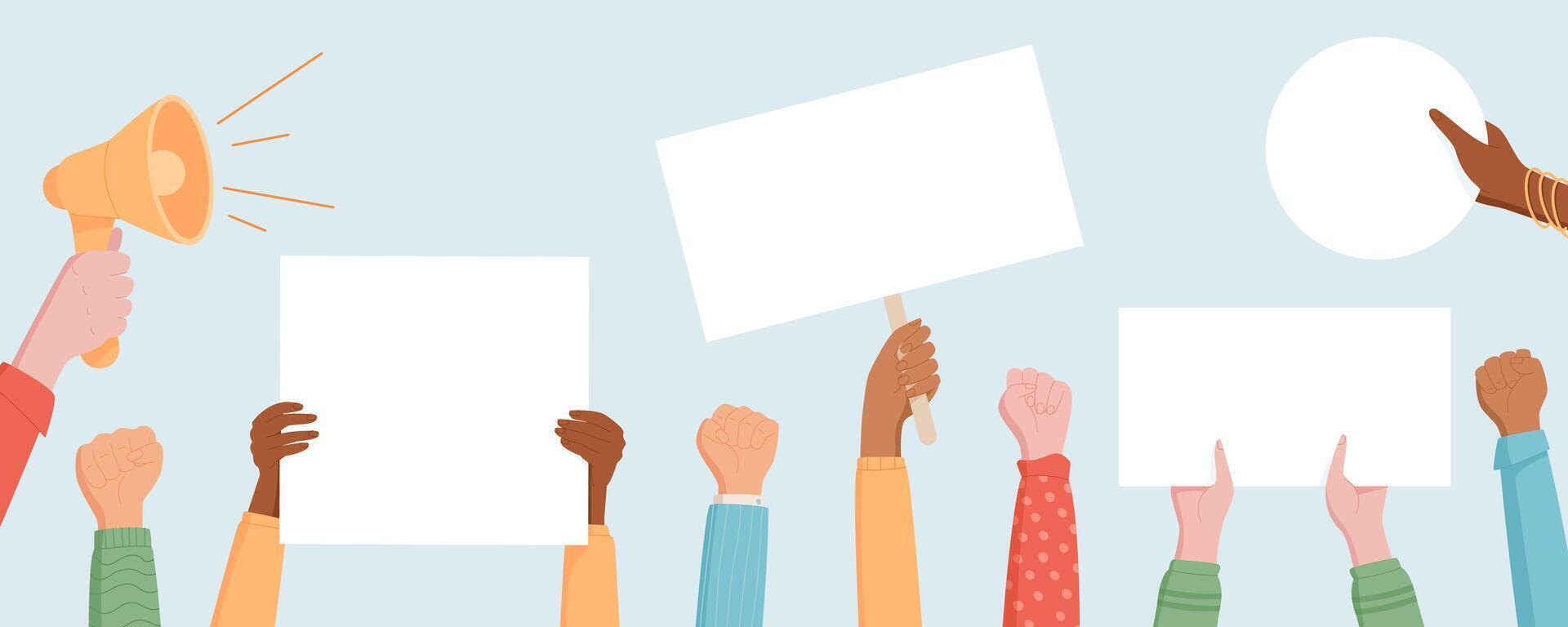 Hand hold blank signs and boards at a protest. Hands with template placards and a megaphone show community strength and solidarity. People demonstrate empowerment and support for each other. vector
