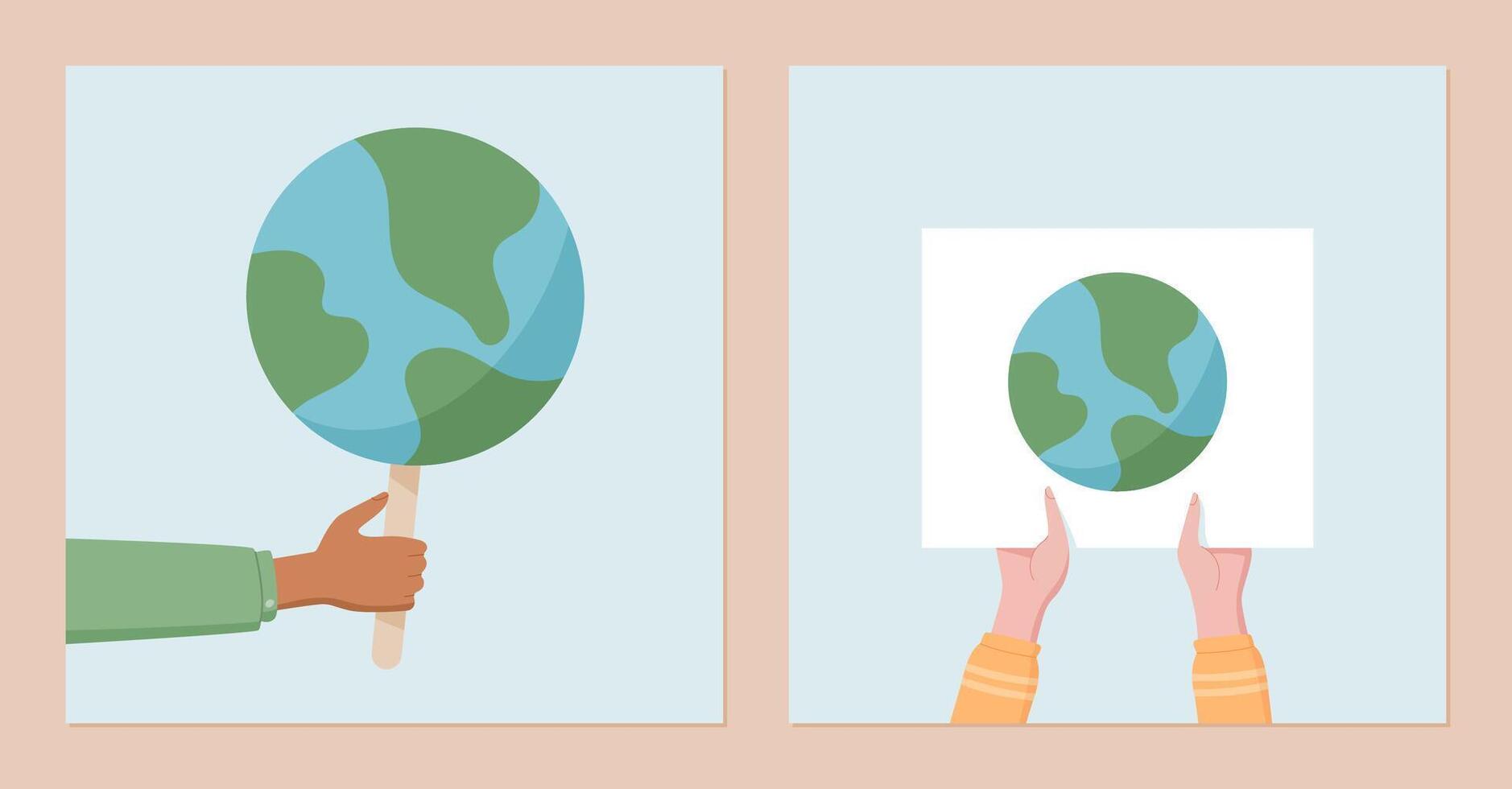 Hands hold Earth signs representing global solidarity and environmental protest. People use social media template for ecology demonstrations, showing community strength with banners and placards. vector