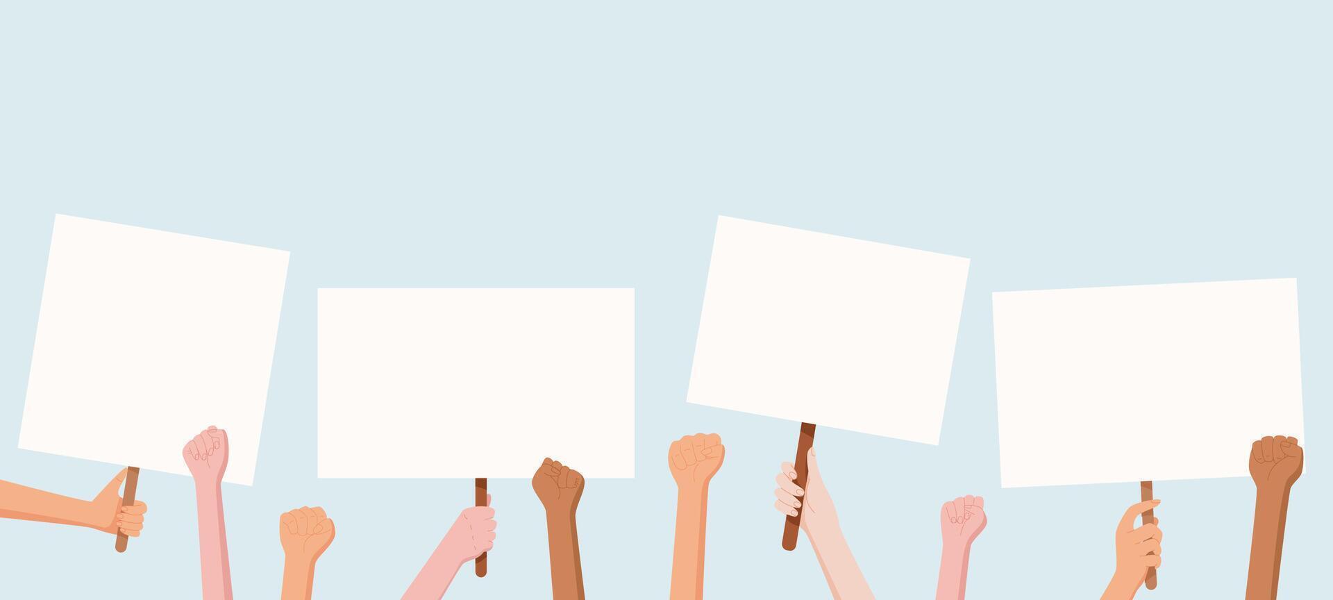 Hands hold blank protest signs, representing a community gathering. People from the community raise banners with their united message. Hand display placards to show strength and solidarity. vector
