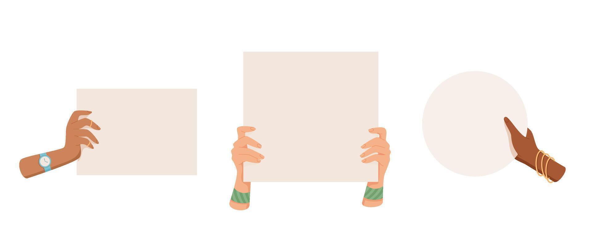 Hand parade revolution poster isolated set, right activist holding blank strike banner, human show up empowerment template board, person holds demonstration signboard, woman raise support flag, vector