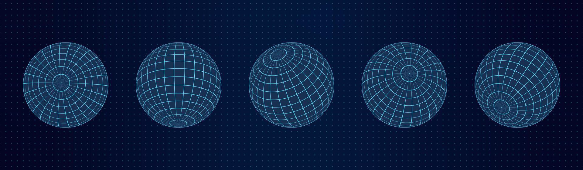 Set of 3D sphere shapes with abstract wireframe grids and mesh lines. Geometric element globe with latitude and longitude patterns. Y2k cyberpunk style in a futuristic digital design. vector