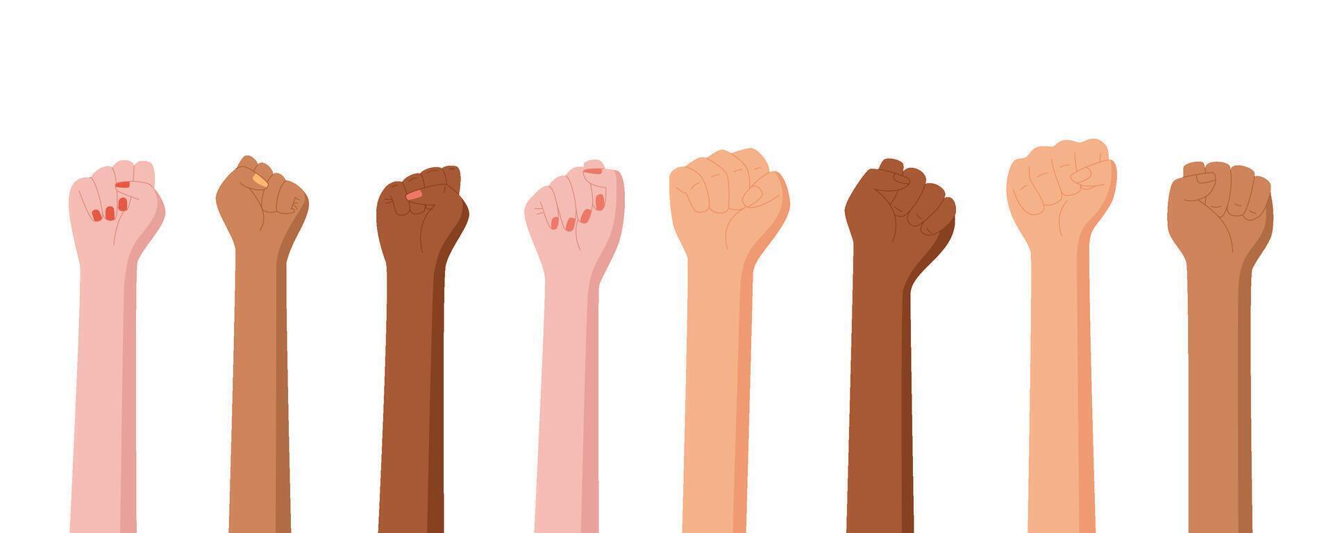 Set of isolated raised up hands with fist, a rights activist is holding a revolution sign, a character holds a strength arm, people show up hand with a protest symbol, a man holds a solidarity gesture vector