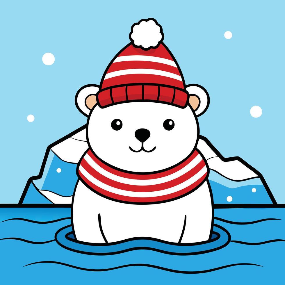 Adorable Polar Bear in Winter Wonderland Wearing Striped Hat and Scarf vector