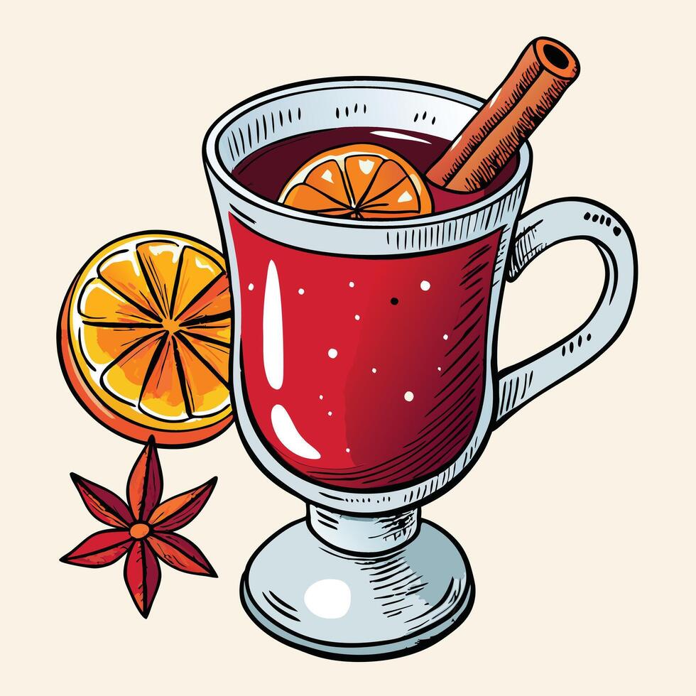 A Delicious Glass of Mulled Wine with Orange and Spices for a Cozy Winter Drink vector