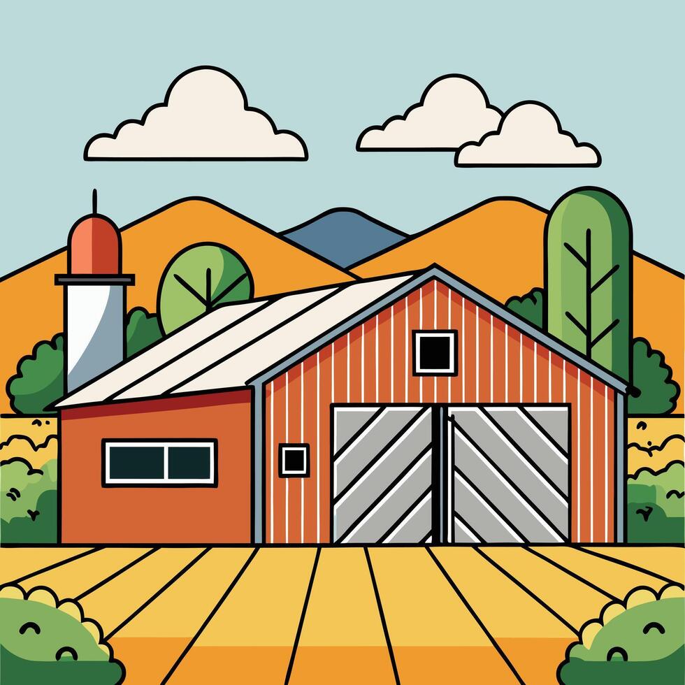 A picturesque rural farm scene with a red barn, silo, and golden fields under a bright sky vector
