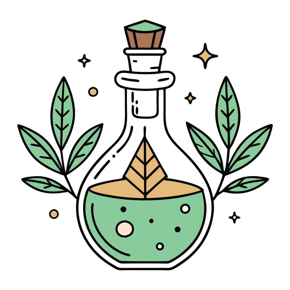 Magical Potion in Glass Bottle with Leaves and Stars vector